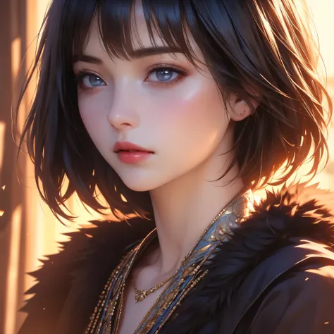 1girl, solo, black hair, necklace, realistic, jewelry, fur trim, short hair, beautiful detailed eyes, beautiful detailed lips, extremely detailed eyes and face, longeyelashes, looking at viewer, closed mouth, shirt, red lips, coat, nose, (best quality,4k,8...