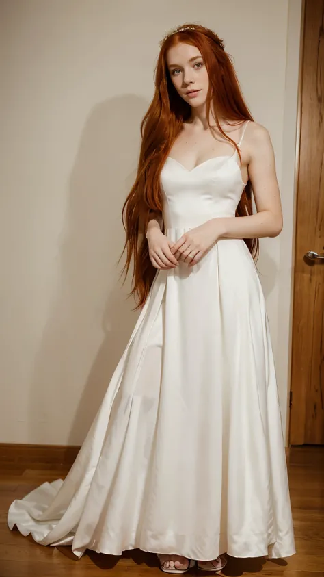 A redhead girl in a wedding dress, extremely long red hair, very skinny, full body, pale white skin, freckles 