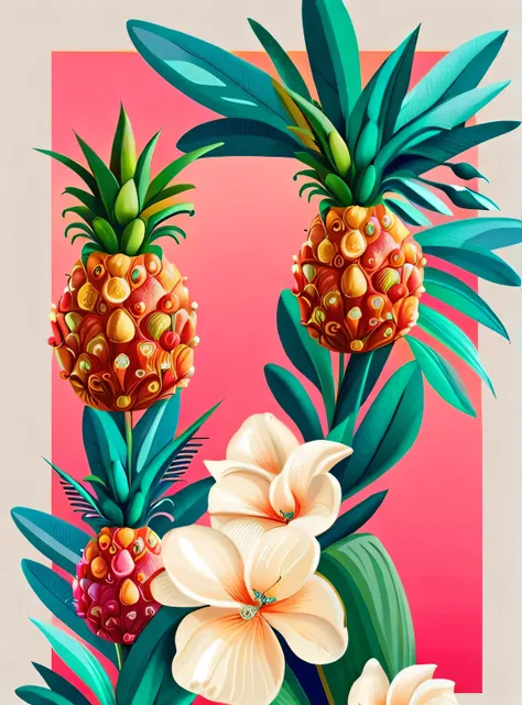 seas of ((colourful summer vibes flower and fruit)) million small ((yellow pineapple, blue butterfly)) in the (pink light color ...