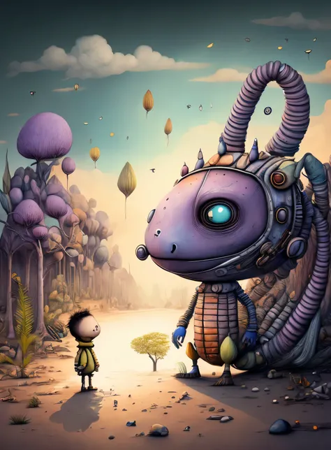 An ultra-detailed, realistic, and adorable cute alien character is depicted in this artwork. The character is small in size and has a friendly and adorable appearance. The alien is set in a purple-colored world filled with abundant exotic vegetation. The a...