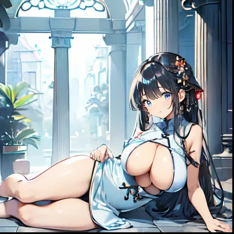 (light blue)(Chinese dress), (Short)(Young girl), (Huge round breasts)(Big Boobs), Small waist, belly button, Small waist, (Only the waist), (Thin legs)(barefoot), (Thin thighs), (Thin white string), (Shiny black hair), (Metal hair ornaments),  Oriental Bu...