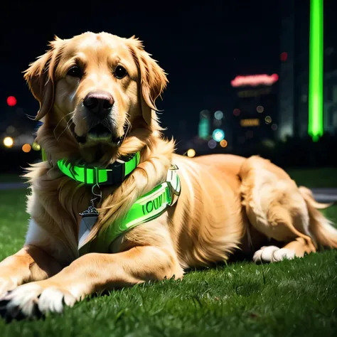 Well-groomed adult golden retriever　Wearing a green luminous collar　Lying down and relaxing　The background is a cyberpunk cityscape at night