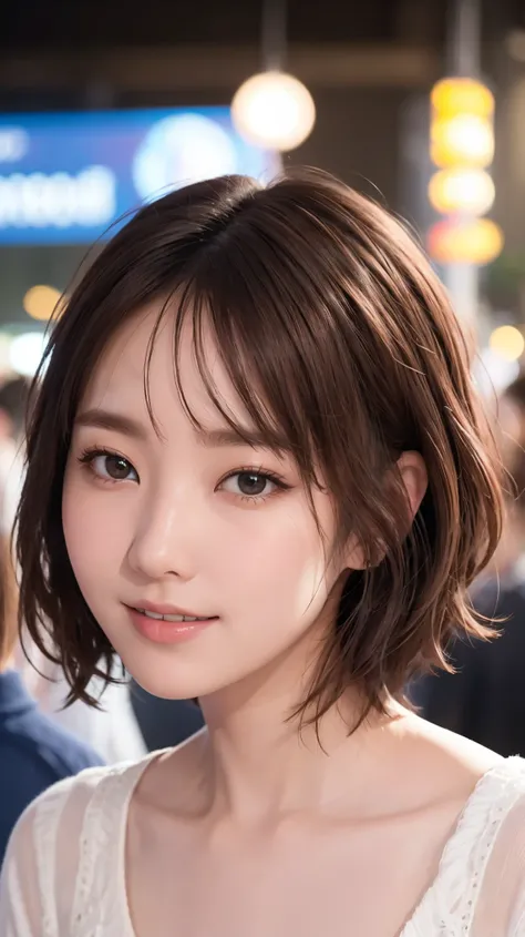 masterpiece, Best Quality, Highest quality, beautiful girl, Cute Face, 8k, Official Art, RAW Photos, When you go out in the city during the hot season, please wear cool clothes., Asymmetrical Short Hair+Short cut, Teen, Face Light, Film Grain, chromatic ab...