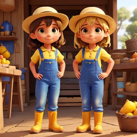 Create a character, an eight year old girl, farmer, blue jumpsuit , yellow shirt, yellow boot, Light skin, looking forward, wearing hat, brown eyes and hair, Light skin, 