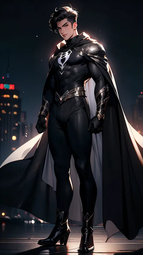 envision a 8k, highres, cinematic, detailed, semi realistic full body pinup of a sharp boy, long black hair, white eyes, wide confident smile, black superhero armor, long black cape, mask, tights, boots, full body view, (((1boy))), in dark lighting, agains...