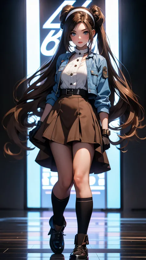 envision a 8k, highres, cinematic, beautiful full body pinup of a sexy lady with a slender body, strong face, strong mature older face, (((long brown hair))), side locks, long bangs, blue eyes, Rosa, pigtails, military Lolita dress, military uniform, glove...