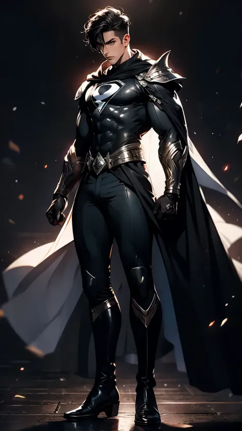 envision a 8k, highres, cinematic, detailed, semi realistic full body pinup of a sharp boy, long black hair, white eyes, black superhero armor, long black cape, mask, tights, boots, full body view, (((1boy))), in dark lighting, against a dark background