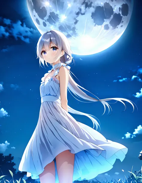 Anime girl in a short dress standing in front of a big full moon, Cute girl anime visuals, Nightcore, Smooth anime CG art,  White long dress, Light blue long hair girl, 4K Manga Wallpaper, 4k anime wallpaper, Young woman anime visual, HD Anime Wallpaper, a...