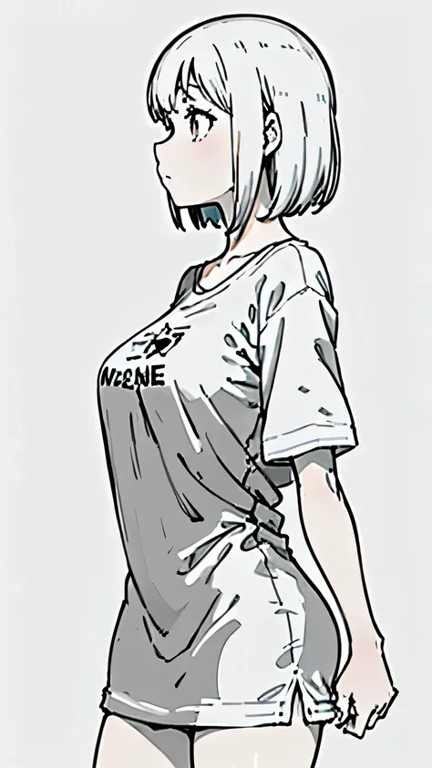 line art, a girl, (white T-shirts, Hip Length T-shirts), (white short hair, Ultra detailed hair), (thin body, thin arms, large breasts), simple background, monochrome illustration, (cowboy shot), profile