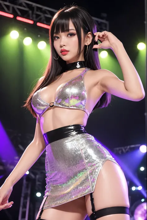 Thai idol, sparkling scene, cinematic light, ultra detailed face, ultra detailed slender body, platinum blonde with bangs, tanned, very detailed ivory skin, plump lips with bright red lipstick, smokey makeup, black mascara, small breasts, obscene armpits, ...