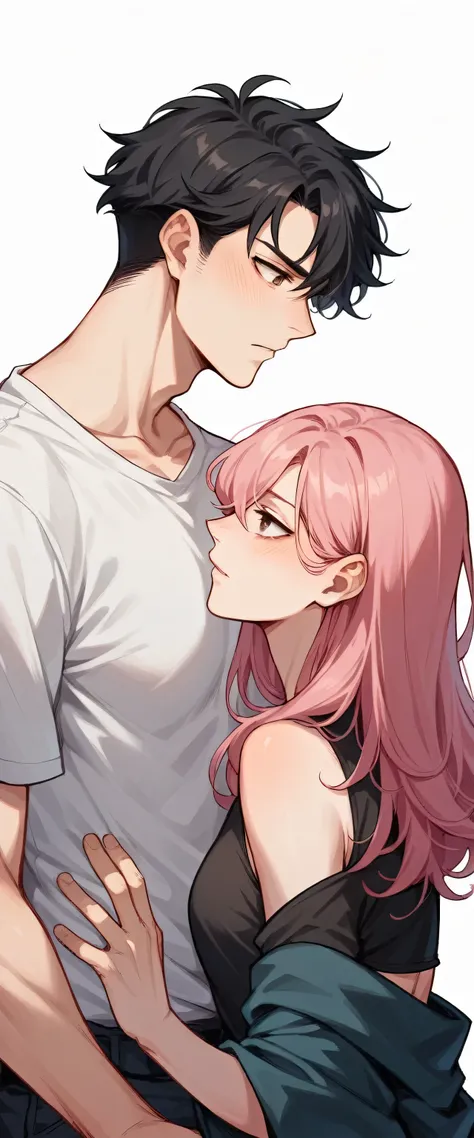 1 Couple of men staring at each other, a boy with black hair, light skin, brown eyes, You wore black. a boy with pink hair, hair a little long, with light eyes and skin, the two stare at each other 