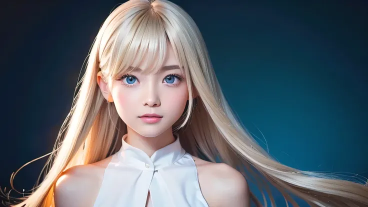 The most beautiful face in the world、A beautiful girl、Very beautiful super long silky golden shiny platinum blonde hair、Super long straight silky hair、Shiny, silky straight hair、Beautiful bangs that sway between the eyes、Sexy babyface cute girl、Very bright...