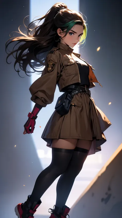 envision a 8k, highres, cinematic, beautiful full body of a sexy lady with a slender body, strong face, strong mature older face, (((long brown hair))), multicolored, side locks, long bangs, blue eyes, Nimona, ((dark skin)),  military Lolita dress, militar...