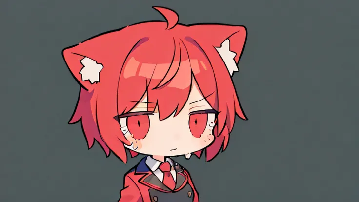 anime girl ,short red hair and red furry cat ear ,crying.