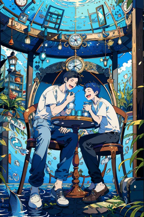 (masterpiece:1.2), best quality,PIXIV, 
fairy tale style, multiple men, 2 man, clock, short sleeves, sitting, closed eyes, chair, plant, cup, shoes, table, shirt, open mouth, water, fish, signature, bubble, pants, wide shot, leaf, white shirt, smile
 