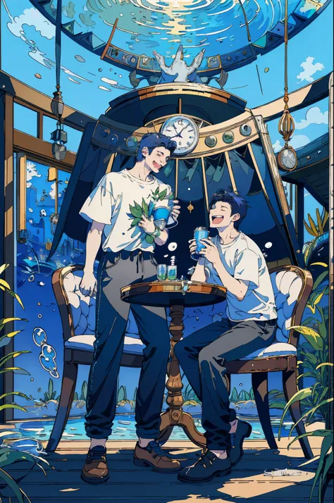 (masterpiece:1.2), best quality,PIXIV, 
fairy tale style, multiple men, 2 man, clock, short sleeves, sitting, closed eyes, chair, plant, cup, shoes, table, shirt, open mouth, water, fish, signature, bubble, pants, wide shot, leaf, white shirt, smile
 