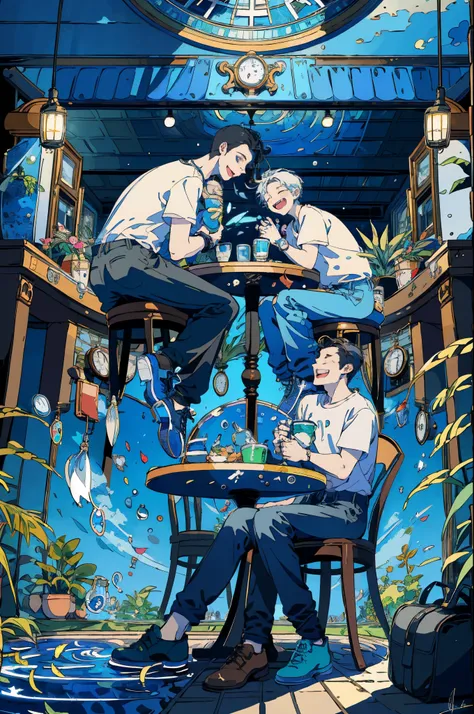 (masterpiece:1.2), best quality,PIXIV, 
fairy tale style, multiple men, 2 man, clock, short sleeves, sitting, closed eyes, chair, plant, cup, shoes, table, shirt, open mouth, water, fish, signature, bubble, pants, wide shot, leaf, white shirt, smile
 
