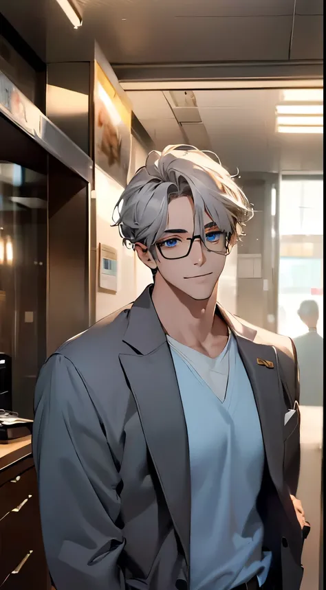 (best qualityer,4K,8k,high resolution,work of art:1.2),ultra detali,(realisitic,photorealisitic,photo-realisitic:1.37),1 men,3,mature man,Very beauthful,without expression,ssmile,short golden gray hair,blue colored eyes,Piercing gaze,perfect face without m...