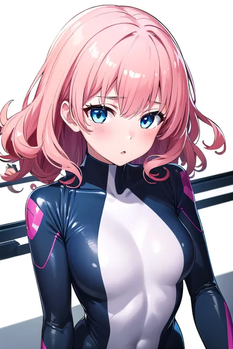 1 girl,boyish, curly hair, pink Hair, medium Breasts, glossy tight zero suit,blush,blue eyes,Tight fit,clearly,Striped pattern, (white background:1.3), (glossy:1.5)