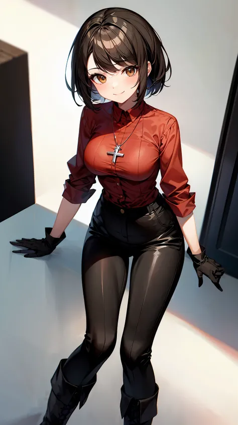 （（super high quality,））（（Ultra-high resolution,））（16k,）（super masterpiece,）（（Ultra HD ,））（Detailed shading,）One sexy woman,Straight black hair, very short,Side-swept bangs,Sharp Eyes,Brown Eyes,smile,A red shirt suit with the third button undone,Cross Neck...