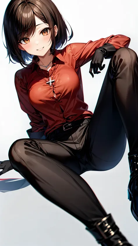 （（super high quality,））（（Ultra-high resolution,））（16k,）（super masterpiece,）（（Ultra HD ,））（Detailed shading,）One sexy woman,Straight black hair, very short,Side-swept bangs,Sharp Eyes,Brown Eyes,smile,A red shirt suit with the third button undone,popped Tig...