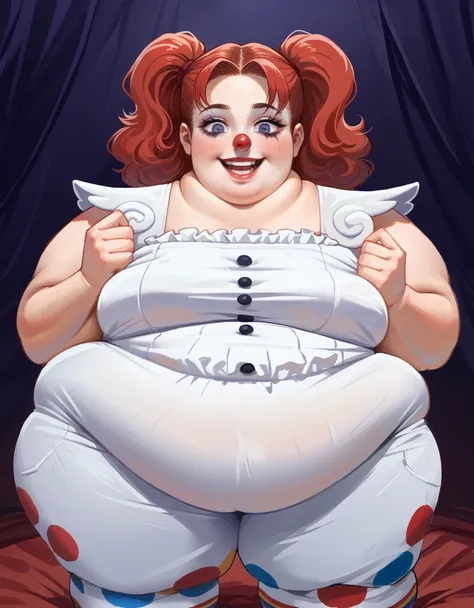 one obese fat woman (human woman), clown make up, undersized tight leotard, ((extremely large pretty eyes)) colorful clown pants...