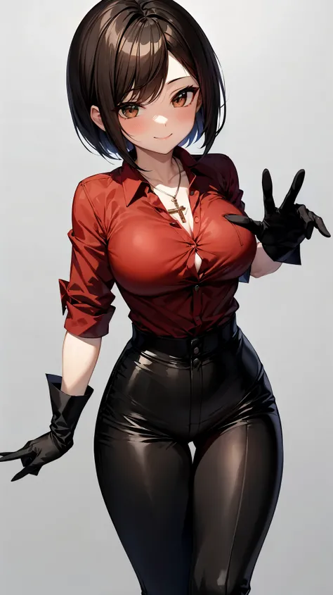 （（super high quality,））（（Ultra-high resolution,））（16k,）（super masterpiece,）（（Ultra HD ,））（Detailed shading,）One sexy woman,Straight black hair, very short,Side-swept bangs,Sharp Eyes,Brown Eyes,smile,A red shirt suit with the third button undone,popped Tig...