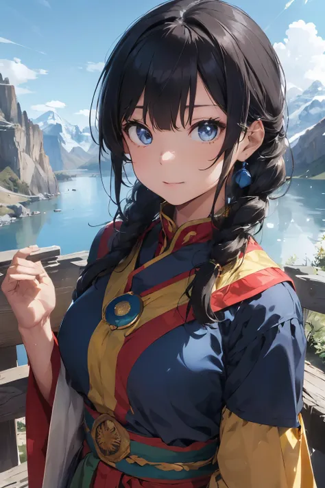 ((Top Quality)), ((Excellent)), (Details),((Tibetan)), Ultra-Realistic, Stunning Environment, Vivid Colors, , Black Hair, (Girls Face), ((Straight Hair)), Shiny Hair, ((Blue Eyes)), ((Mountainous Region)), ((Tibetan National Costume)), (Tibetan National Co...