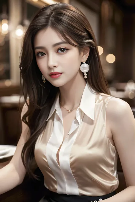 masterpiece, Best Quality, Realistic, Very detailed, Subtle details, High resolution, 8K wallpaper, Beautiful woman, Please wear a pearl-colored silk shirt.., In a great restaurant, At night, Light brown messy hair, Perfect dynamic composition, Beautiful b...