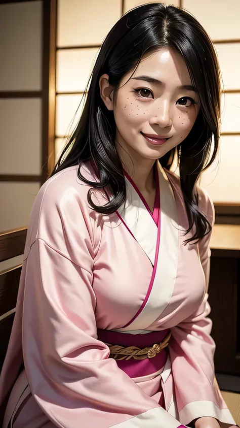 a beautiful 40-year-old Japanese woman, white flawless skin, smiling, freckles on her face, long black hair, wearing a pink kimono, inside a modern Japanese room, highly detailed, photorealistic, 8k, masterpiece, intricate details, ambient lighting, soft f...