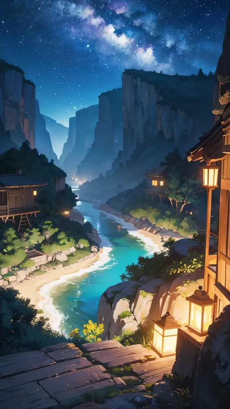 Viral anime nature wallpaper in 4K quality, details,in the style of Pixar 3D inspired by Up, illustrating a breathtaking canyon with a hut under a big tree, and a river winding through the canyon floor; temperature is warm,glowingly butterflies, , cosmos l...