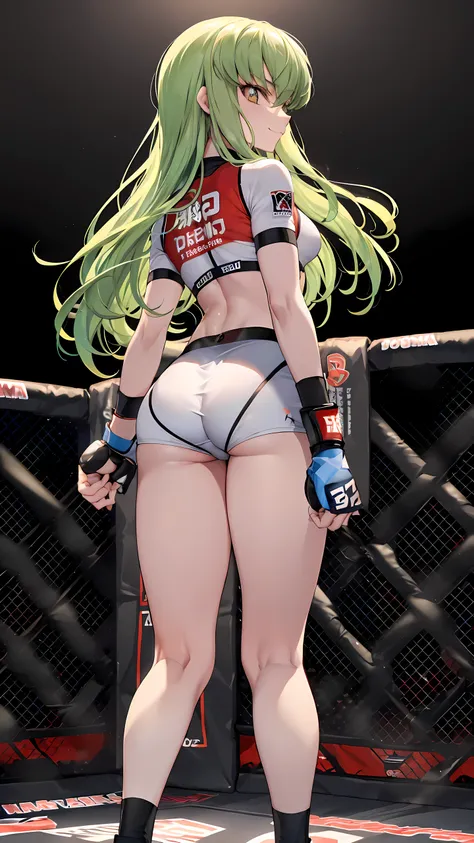 CC_Code Geass, Hair between the eyes, Very long hair 1 person, Bright light, smirking, alone, full body shot, Fighting, (masterpiece, Highest quality), 8k, Intricate details, (on MMA Arena :1.5), (wearing MMA uniform:1.5, white tops and black bottoms:1.3),...