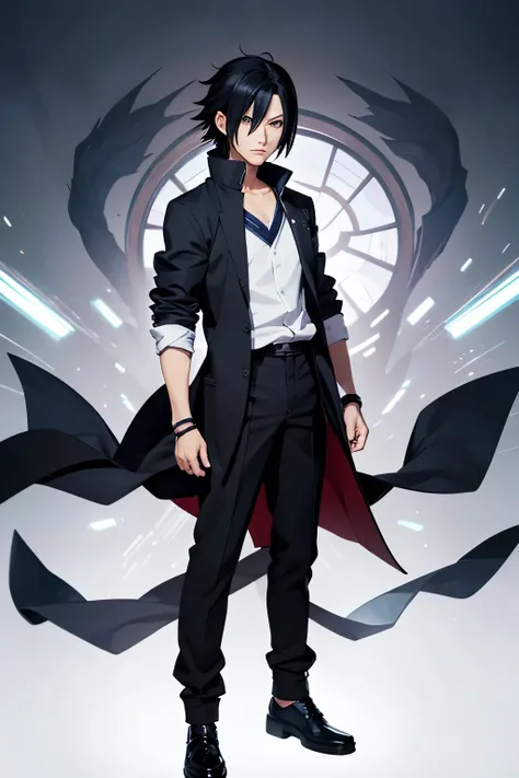 Sasuke Uchiha in a school theme. man. with school uniform. black hair, arms crossed, serious aspect. strong. 