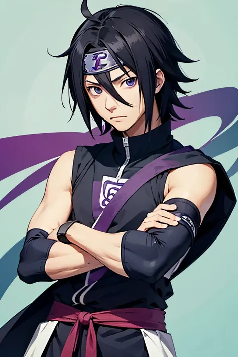 Sasuke Uchiha in college theme. arms crossed. 