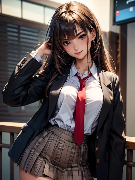 masterpiece,best quarity,pafect anatomy,realistic anime style,3d,Character portrait、solo、One Girl、Japanese schoolgirl、１７age、Gal、Optimistic、A competitive personality、Bad attitude、Quick to pick a fight、ash brown hair、Long Hair、Longer bangs、（Childish and pret...