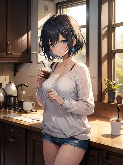 ((masterpiece))、((Highest quality))、photograph、reality、High resolution、Very detailed、Married women、30-year-old woman、Delicate features、Light blue short hair、Realistic background and accessories、Sexy smile、kitchen、Drinking coffee、expensive、（（A sexy sweater ...