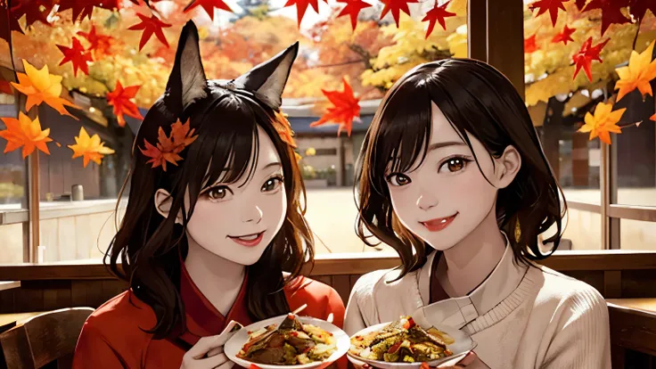 CClose-up view shows a couple enjoying beef tongue cuisine in a restaurant, Smiling emoticon, facing the camera, Autumn maple leaves in the background, There are two or three foxes playing in the distance, smile, cinematic lighting, pov, Sony FE, Sony FE G...