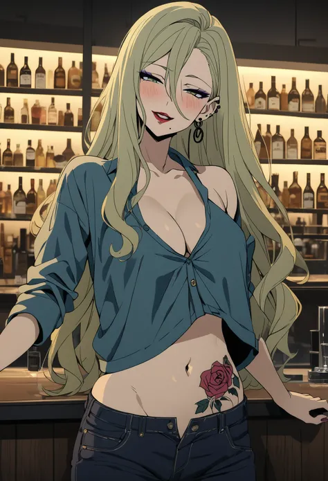 KJOsayo, long hair, blonde hair, green eyes, half-closed eyes, mole under mouth, purple eyeshadow, long hair, earrings, red lips, medium breasts, ear piercing, long hair, blush, lipstick,Hot girl, baddie, smoking, sensual, attractive ,bar background, insid...