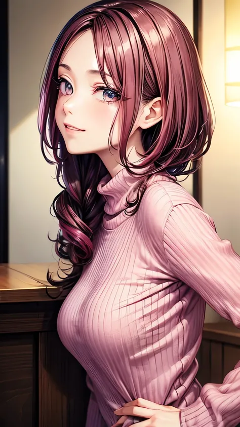 One Japanese mature girl ((very small breast, very slender)), jet-black straight hair ((short smooth curly hair)), ((pink highlights)),(( much shaggy forelock, red colors highlights )), BREAK, ((dark pink sweater dress)) , mature and eloquent face, looking...