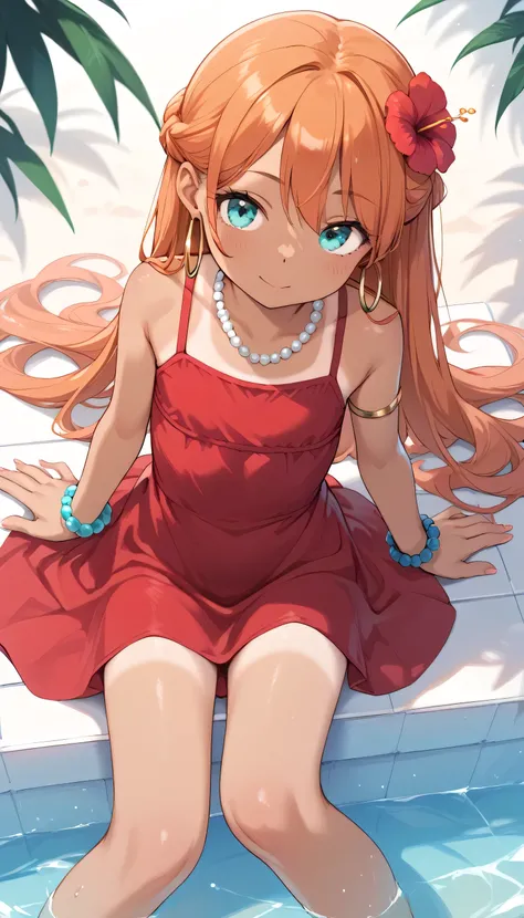 little_girl,_loli_, 1girl, solo, dark-skinned female, tanlines, Orange hair,long hair, hair flower, cute,_petite_,aqua eyes, sexy red dress, beads, hoop earrings, bracelet, cute, sexy, dynamic angle