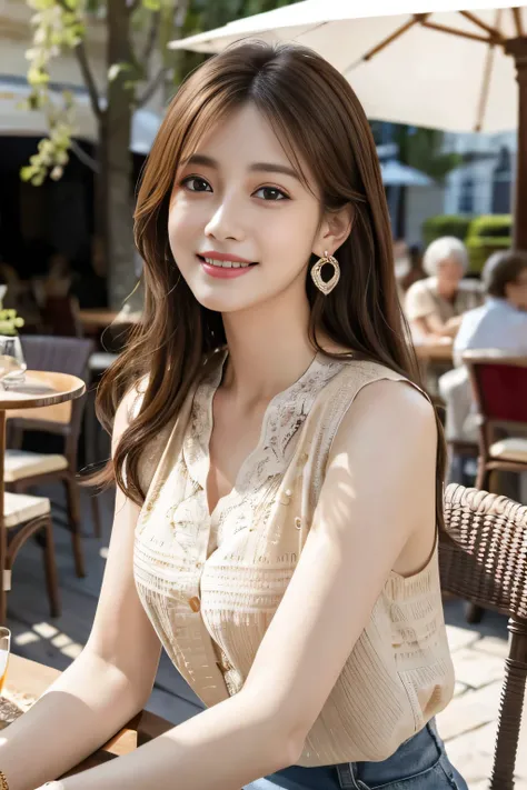 masterpiece, Best Quality, Realistic, Very detailed, Subtle details, High resolution, 8K wallpaper, Beautiful woman,Wear a nice blouse, On the terrace of a lovely cafe, noon, Light brown messy hair, Perfect dynamic composition, Beautiful beautiful eyes、Big...