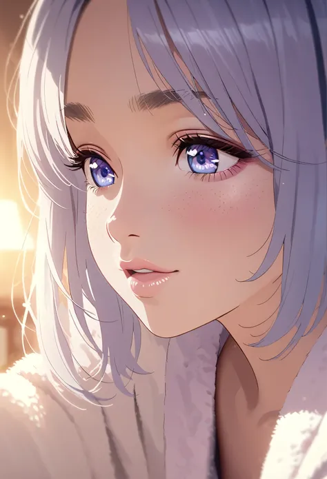 A cozy girl in a fluffy, soft pajama, extremely detailed, beautiful detailed eyes, beautiful detailed lips, longeyelashes, adorable expression, high quality, 8k, realistic, photorealistic, ultra-detailed, masterpiece, delicate, pastel colors, warm lighting...