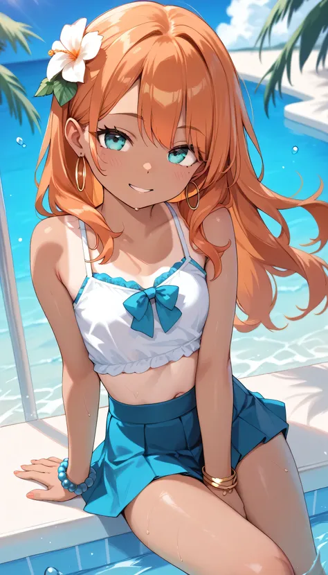 little_girl,_loli_, 1girl, solo, dark-skinned female, tanlines, Orange hair,long hair, hair flower, cute,_petite_,aqua eyes, short skirt, beads, hoop earrings, bracelet, cute, sexy, nsfw, sexy hips, slim waist, sex, dynamic angle