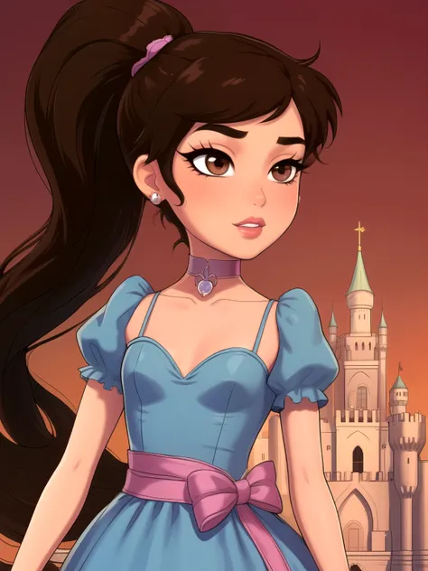 princess marco. brown eyes, brown hair, ponytail. small saggy breasts. slim body. choker. bow. princess dress. princess dress. c...