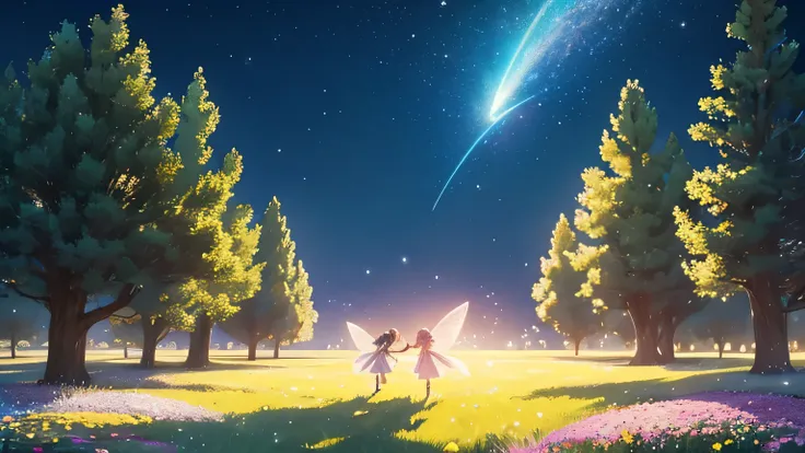 A field full of fairies flying towards magical, sparkling crystals