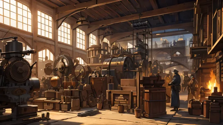 steampunk scenario with lots of tools, machinery, iron, air, metals, nuts