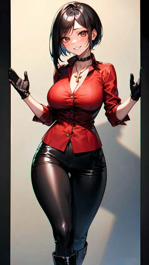 （（super high quality,））（（Ultra-high resolution,））（16k,）（super masterpiece,）（（Ultra HD ,））（Detailed shading,）One sexy adult woman,Straight black hair, very short,Side-swept bangs,Sharp Eyes,Brown Eyes,A provocative smile,A red shirt suit with the third butt...