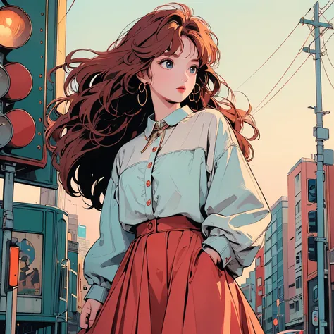 (((masterpiece, Best Quality)))、(((32K Wallpaper)))、whole body, Upper Body、One beautiful woman, 4K, Warm colors , White blouse、skirt, pedestrian crossing、Signal, 、intersection、Complex background、Long Red Hair、Detailed Hair、CITY POP、lo-fi