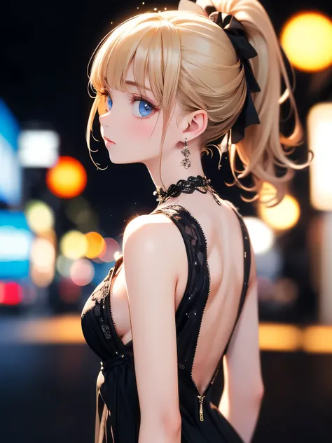 (masterpiece),(highest quality:1.2),((arms behind back)),(1 girl),face focus,(Flat Chest),highest quality,Blonde ponytail,Blunt bangs,(From the side),looking up,Beautiful and detailed blue eyes,detailed clothes of white,Disappointed,pastel tones,soft cinem...