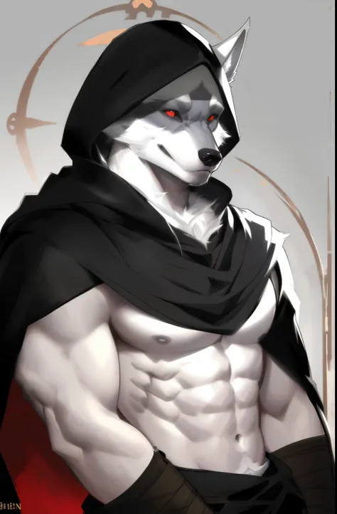 black cloak,Ruan Jia,Pino Daeni,darkgem,dimwitdog,muscular male wolf anthro, (detailed face), (detailed fluffy fur)